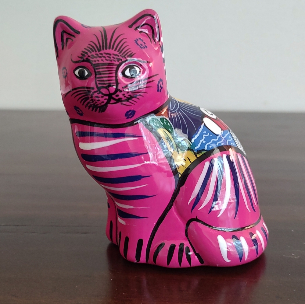 Talavera Style Pottery Cat Mexico Colorful Pink